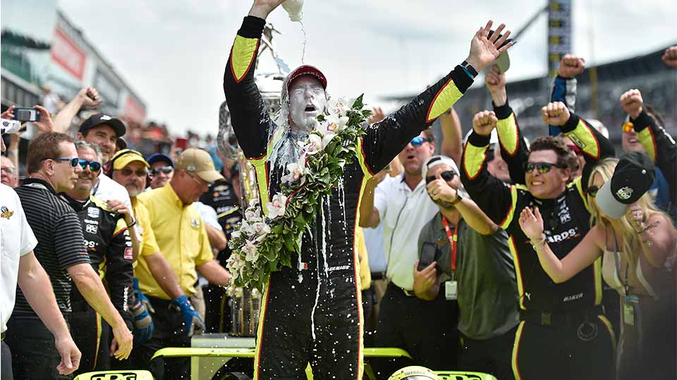 Simon Pagenaud celebrates his Indy 500 win with a milk shower